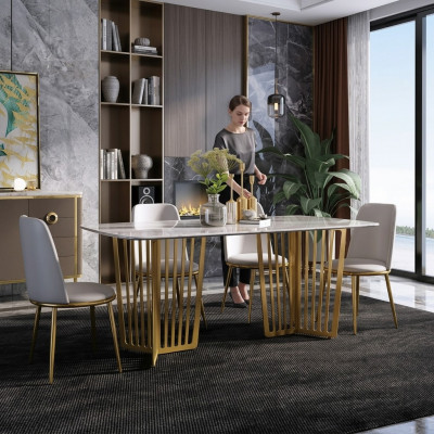 Luxe eettafel leer + roestvrij staal marmerimitatie tafel steen eetkamer
