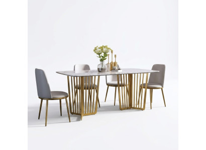 Luxe eettafel leer + roestvrij staal marmerimitatie tafel steen eetkamer