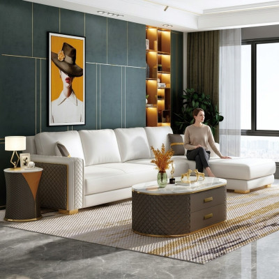 Italiaanse stijl meubelset 3-delig: hoekbank + salontafels banktafels leer