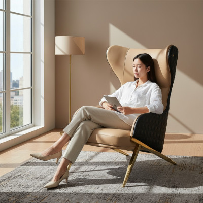 Fauteuil Relax Leder Lounge Club Bekleding Design Bank Bank Zitter Luxe Beige Nieuw