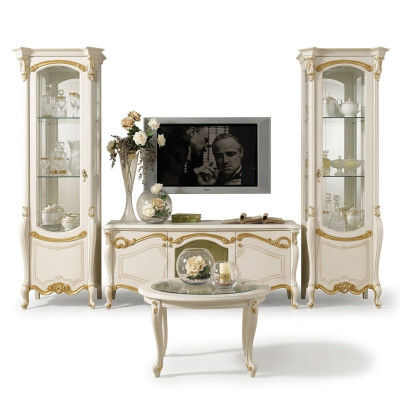 Klassieke muurwoonkamer vitrineset dressoir tv-rek muurkast 3-delig.