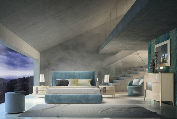 Ontwerperbed met gestoffeerd design, luxe tweepersoons hotelbedden slaapkamer.
