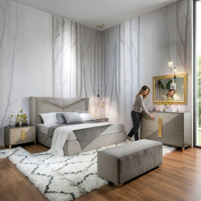 Ontwerp luxe slaapkamerset met bed, 2 nachtkastjes, commode en decoratieset.