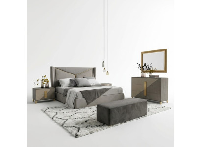 Ontwerp luxe slaapkamerset met bed, 2 nachtkastjes, commode en decoratieset.