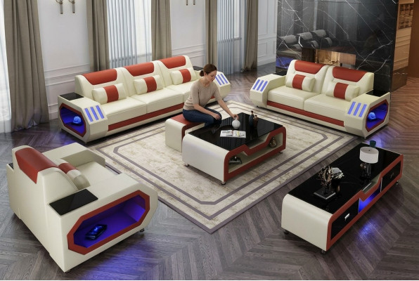 Leren bank Bank Bankstel 3+1+1 - Verlichte design banken Nieuw