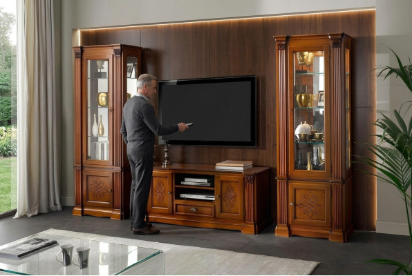 Klassieke woonkamer vitrinekast TV-kastje wandkast 3-delige massief houten set