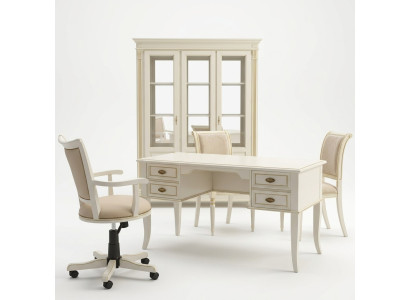 Schrijftafel set 3-delig. Kantoor outfit massief houten tafel chef stoel kast inrichting nieuw