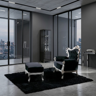 Fauteuil + Poef Bekledde Fauteuil Ontwerp Luxe Massief hout Klassiek Barok Rococo Set