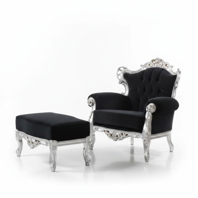 Fauteuil + Poef Bekledde Fauteuil Ontwerp Luxe Massief hout Klassiek Barok Rococo Set