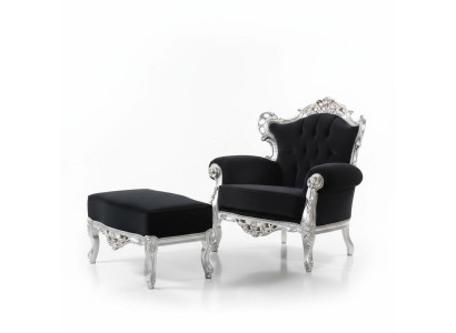 Fauteuil + Poef Bekledde Fauteuil Ontwerp Luxe Massief hout Klassiek Barok Rococo Set