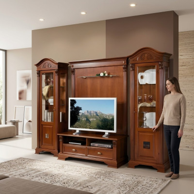 Klassieke woonwand massief hout woonkamer vitrine dressoir RTV rek wandkast 4-delig.