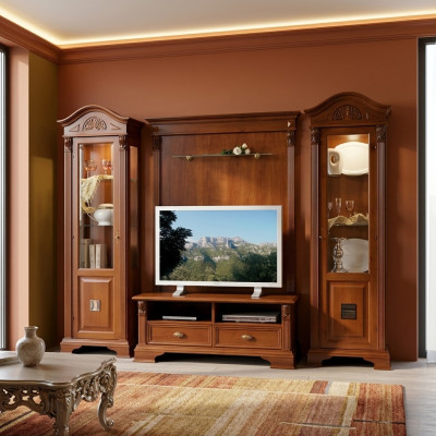 Klassieke woonwand massief hout woonkamer vitrine dressoir RTV rek wandkast 4-delig.