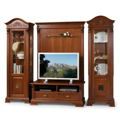 Klassieke woonwand massief hout woonkamer vitrine dressoir RTV rek wandkast 4-delig.