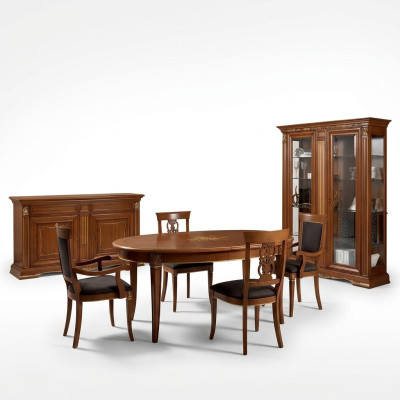 Eetkamer Complete Tafel Dressoir 4x Stoel Set Vitrine Barok 7-delig Massief hout