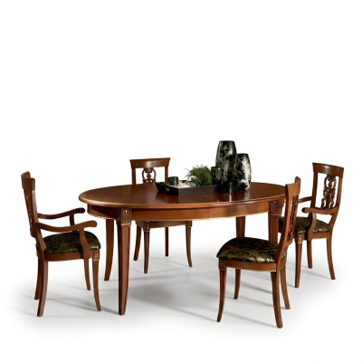 Klassieke eetkamerset Ovale tafel 4 stoelen Fauteuil Groep Garnituur Set Nieuw Massief hout