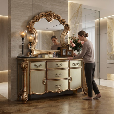 Buffet Dressoir Commode Spiegel Echt Handwerk Hout Klassiek Barok Rococo