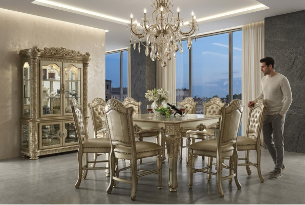 Gouden eetkamerset, ontwerpeettafel met x8 stoelen, eetkamermeubilair 9-delig.