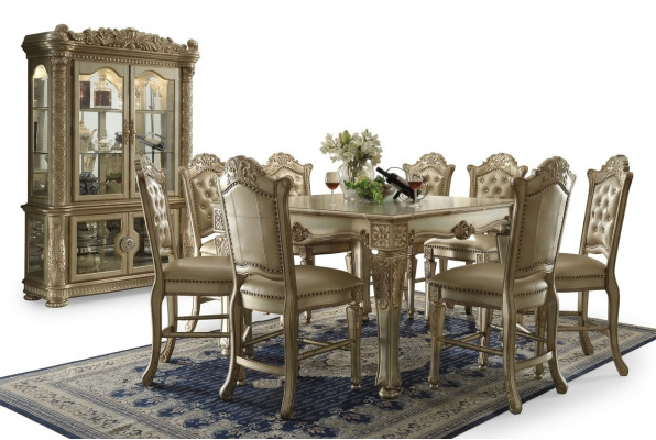Gouden eetkamerset, ontwerpeettafel met x8 stoelen, eetkamermeubilair 9-delig.