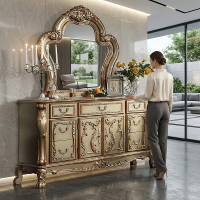 Edel dressoir buffet dressoir kast + spiegel barok rococo dressoir hout nieuw