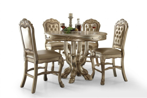Klassieke gouden ronde eettafel tafel eetkamer Chesterfield x4 stoelen 5-delige set.