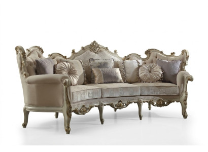 Exclusieve houten gesneden vierzits xxl bank Barok Rococo textielbank.