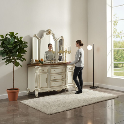 Buffet Dressoir Kommode met Spiegel Handgemaakt Echt Hout Rococo Barok.