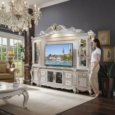 TV wand klassieke woonwand echt handgemaakt houten decoratie vitrine plank