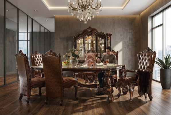 Bruine klassieke houten eettafel + Chesterfield x6 stoelen eetkamerset 7-delig set.