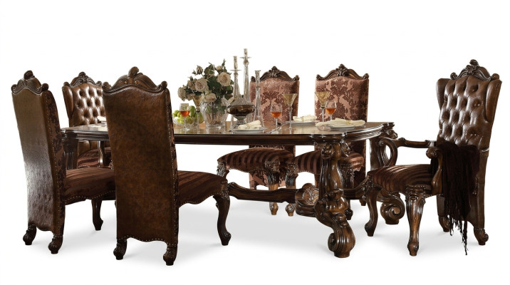 Bruine klassieke houten eettafel + Chesterfield x6 stoelen eetkamerset 7-delig set.