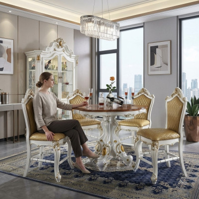 Ronde eetkamer + 4 stoelen Stoel decoratie set Garnituur Ronde eettafel Houten meubels.