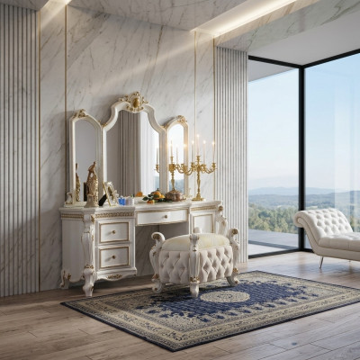 Uitgesneden barok meubelen kaptafel kruk decoratieve spiegel slaapkamer.