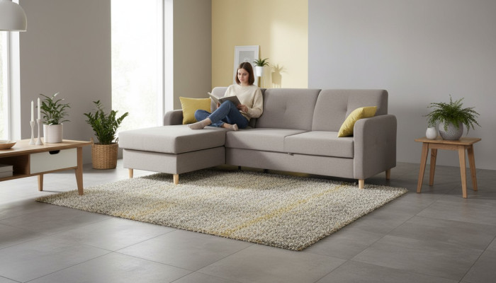 Hoekbank L-vorm Bank Bank Ontwerp Bekleding Modern Textiel Slaapfunctie Grijs Stof
