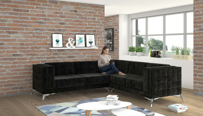 Zwarte fluwelen design hoekbank Chesterfield bank bank woonlandschap stoffen zitplaats