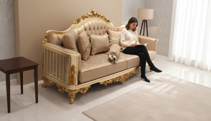 Sofa set 3-zits textiel compleet set bank fauteuil hout Chesterfield