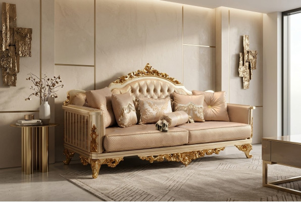 Sofa set 3-zits textiel compleet set bank fauteuil hout Chesterfield