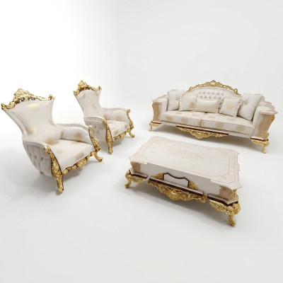 Bankstel 311 + Salontafel Hout Woonkamer Luxe Bank Chesterfield Stof Nieuw