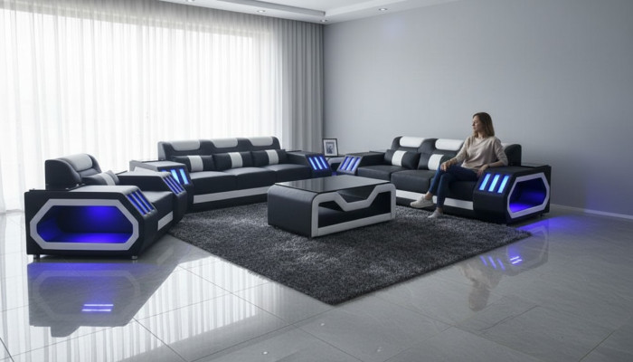 Sofagarnituur bankstel set 3+2+1 + tafel leren bank verlichte design bekleding