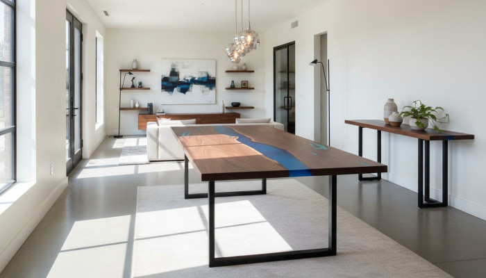 Eettafel River Table Echt hout Massief Epoxyhars Tafels 260x100 Nieuw