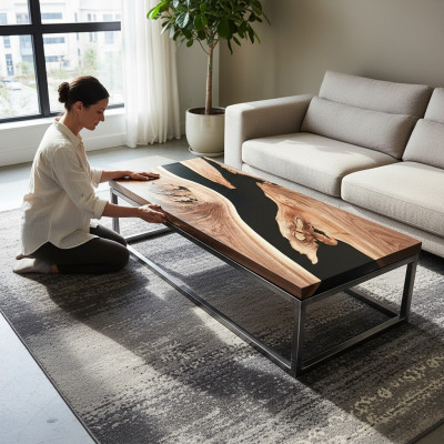 Epoxiehars riviertafel Echt hout Zwartwatertafel Epoxy meubels Massief