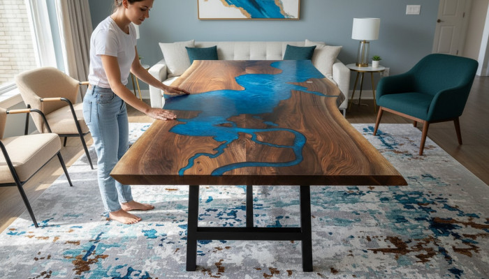 Waterval tafel epoxyhars eettafel echt hout massief meubilair epoxytafel nieuw.