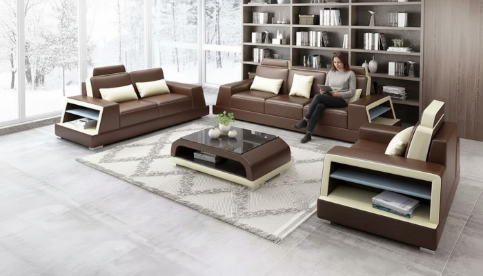 Sofagroep 3-zits salontafel leren bank moderne bank bank woonlandschap