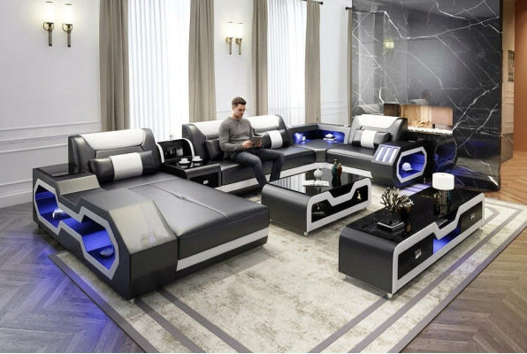 Hoekbank U-vorm Salontafel Dressoir Leren bank Woonlandschap Designer Sofaset