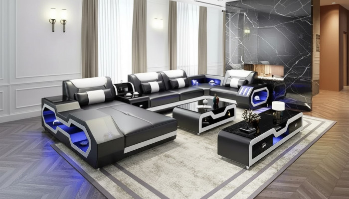 Hoekbank U-vorm Salontafel Dressoir Leren bank Woonlandschap Designer Sofaset