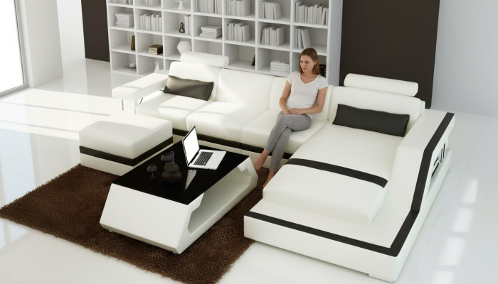Leren hoekbank L-vorm Salontafel Puff Woonlandschap Moderne bank 3 delig nieuw Leer hoekbank L-vorm Salontafel Poef Woonsfeer Moderne bank 3-delig nieuw