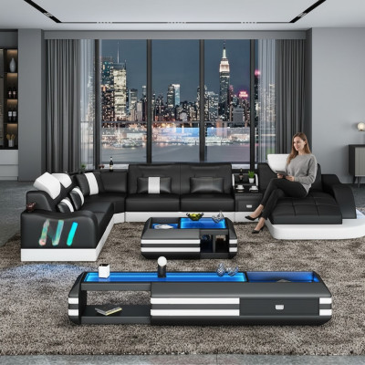 Ontwerp woonlandschap met LED-verlichte hoekbank, bank, sofa, hoekbankstel, leren bankstel met LED-verlichting.