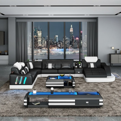 Ontwerp woonlandschap met LED-verlichte hoekbank, bank, sofa, hoekbankstel, leren bankstel met LED-verlichting.