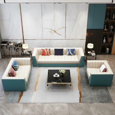 Leren bank Bank Bank Bekleding 321-zitsbank Salontafel 2x Bijzettafel 6-delig Nieuw