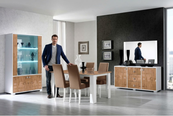 Eetkamer set met RTV tafel, 4 stoelen, vitrinekast - 7-delige complete luxe meubelset nieuw