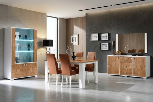 Eetkamer set met RTV tafel, 4 stoelen, vitrinekast - 7-delige complete luxe meubelset nieuw
