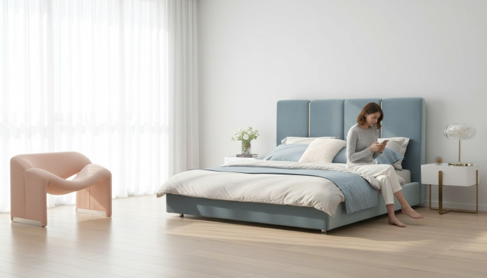 Ontwerper Bed Blauw 180x200 Slaapkamer Bedden Textiel Hotel Luxe Gestoffeerde Zitplaats